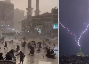 Viral, Video Hujan Deras-Angin Kencang “Sapu” Jamaah Umrah dan Petugas Kebersihan di Mekkah